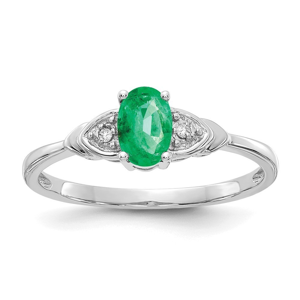 Million Charms 14k White Gold Green Emerald and Diamond Ring, Size 7